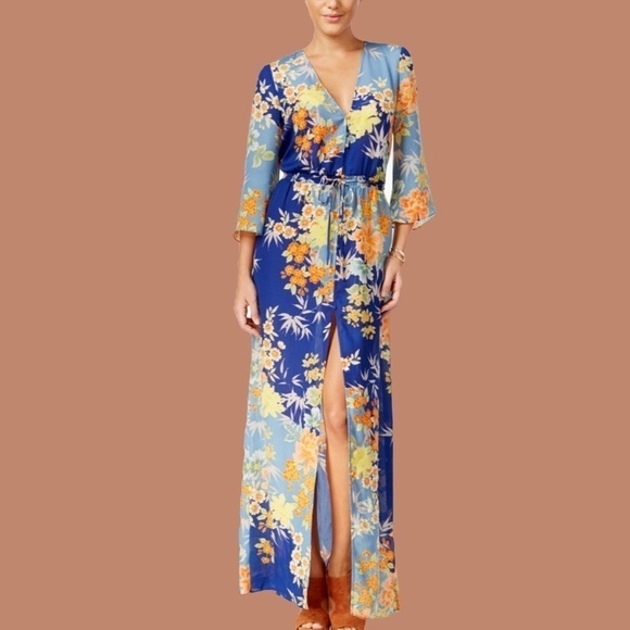 GUESS Constanze bell sleeve elastic waist floral duster- dress - Picture 1 of 12